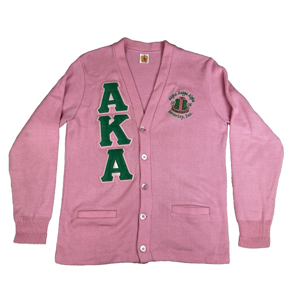 Alpha Kappa Alpha AKA Cardigan Womens Sz M Pink Green Sorority Woven Embroidered